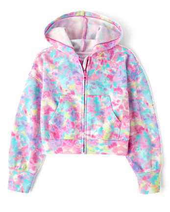 Girls Rainbow Tie Dye Fleece Cropped Zip Up Hoodie