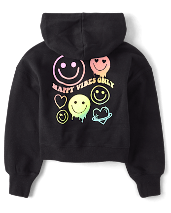 Sweat à capuche court zippé en polaire arc-en-ciel Happy Vibes pour fille