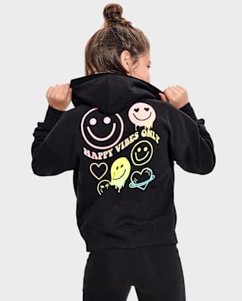 Sweat à capuche court zippé en polaire arc-en-ciel Happy Vibes pour fille