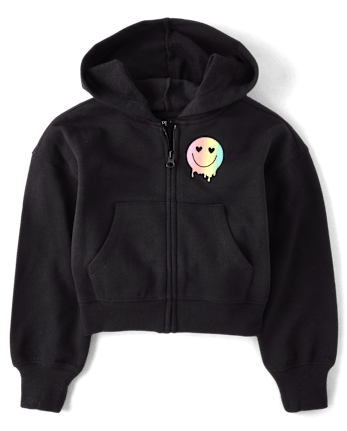 Sweat à capuche court zippé en polaire arc-en-ciel Happy Vibes pour fille