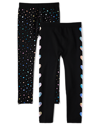 Girls Foil Heart Fleece Lined Leggings 2-Pack