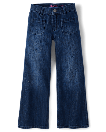 Girls Patch Pocket Wide Leg Jeans