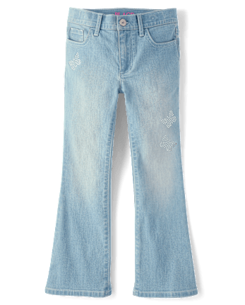 Jeans acampanados con mariposa y diamantes de imitación para niñas