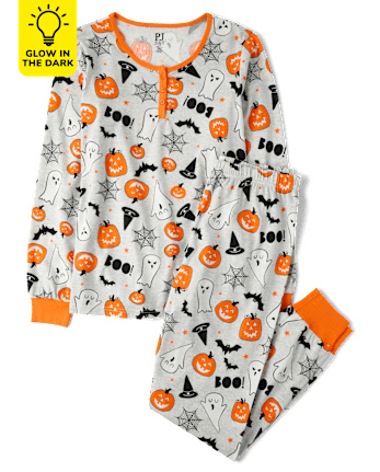 Womens Matching Family Glow Halloween Henley Cotton Pajamas