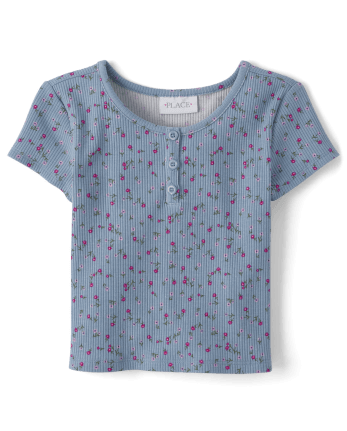 ★日本の職人技★ Girls Short Sleeve Floral Print Ribbed Henley Top - BLUE トップス