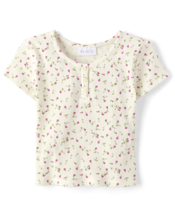 Girls Floral Ribbed Henley Top