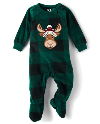 Baby And Toddler Matching Family Buffalo Plaid Moose Microfleece Footed One Piece Pajamas