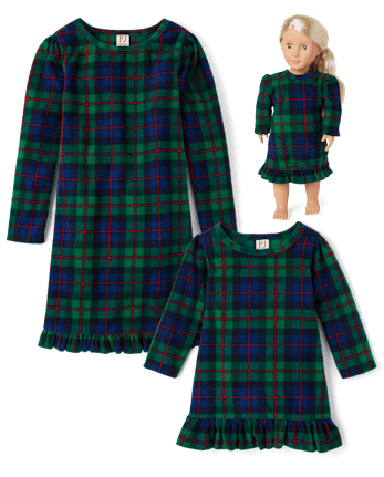 Doll Matching Family Tartan Plaid Microfleece Ruffle Nightgown