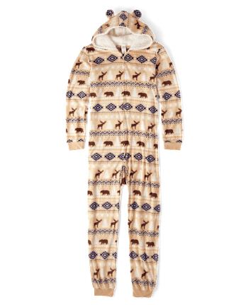 Pijama unisex de una pieza con capucha de micropolar Fairisle de oso familiar a juego para adultos