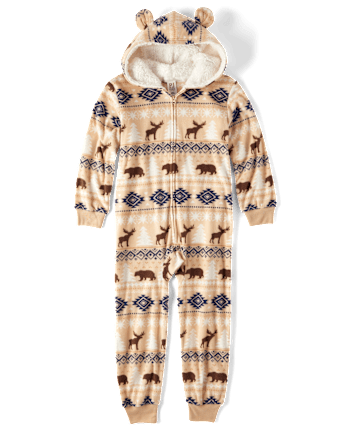 Unisex Kids Matching Family Bear Fairisle Microfleece Hooded One Piece Pajamas