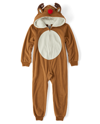 Unisex Kids Matching Family Reindeer Microfleece Hooded One Piece Pajamas