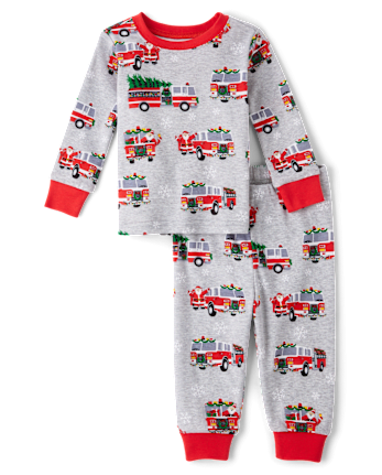 Pijamas de algodón unisex para bebés y niños pequeños Camión de bomberos de Papá Noel