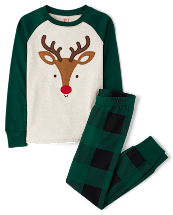 Unisex Kids Reindeer Face Snug Fit Cotton Pajamas