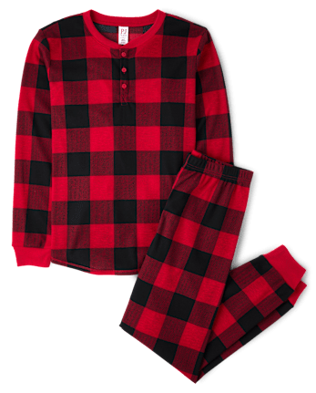 Mens Matching Family Buffalo Plaid Thermal Henley Pajamas