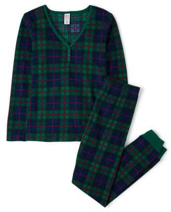 Womens Matching Family Tartan Plaid Thermal Henley Pajamas