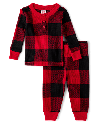 Unisex Baby And Toddler Matching Family Buffalo Plaid Thermal Henley Pajamas