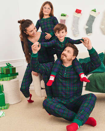 Unisex Kids Matching Family Tartan Plaid Thermal Henley Pajamas