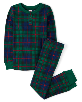 Unisex Kids Matching Family Tartan Plaid Thermal Henley Pajamas