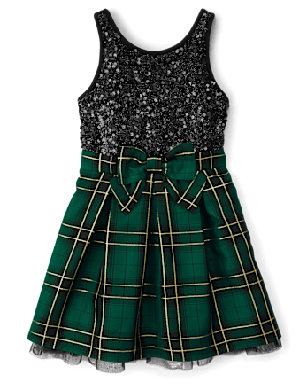 Girls Matching Family Plaid Sequin Fit And Flare Dress