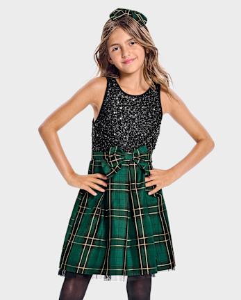 Girls Matching Family Plaid Sequin Fit And Flare Dress