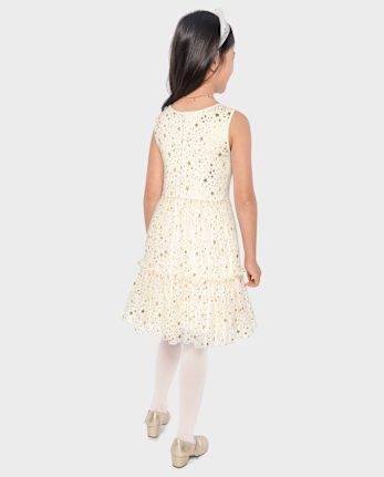 Girls Foil Star Mesh Ruffle Dress