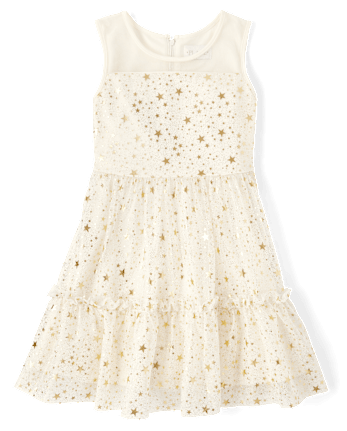 Girls Foil Star Mesh Ruffle Dress