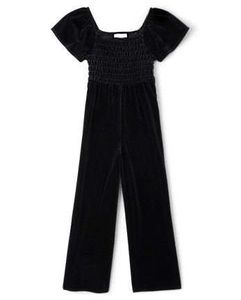 Girls Smocked Wide Leg Velour Jumpsuit