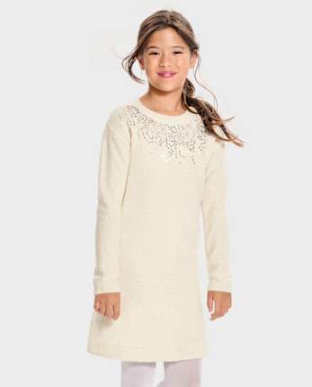 Girls Long Sleeve Sequin Sweater Dress WHITE DAISY The Children s Place