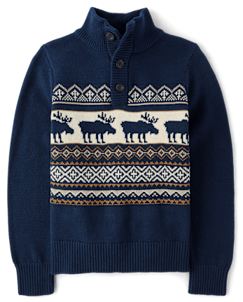 Boys Long Sleeve Moose Fairisle Mock Neck Sweater BLUE The Children s Place