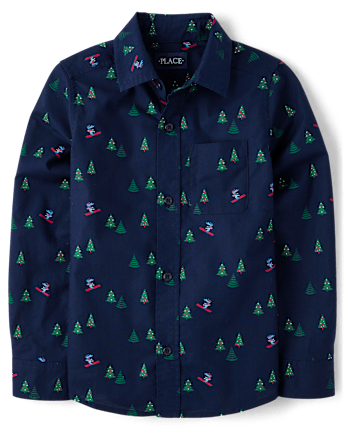 Boys Print Poplin Button Up Shirt