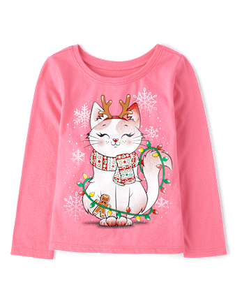 Baby And Niños pequeños Niña Cat Christmas Lights Camisetas estampadas