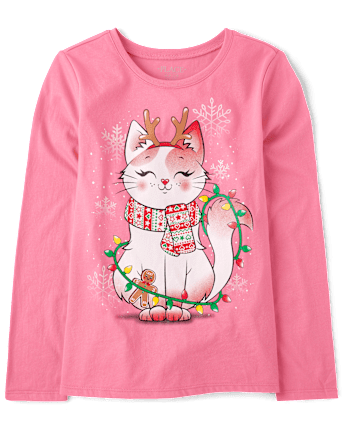 Niña Gato Luces Navideñas Camisetas estampadas