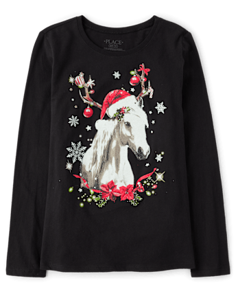Girls Christmas Horse Graphic Tee