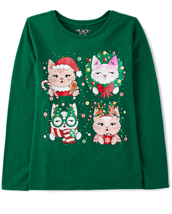 Girls Christmas Cat Graphic Tee