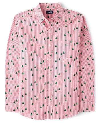 Mens Dad And Me Christmas Tree Poplin Button Up Shirt