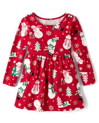 Baby And Toddler Girls Long Sleeve Christmas Print Everyday Dress CLASSICRED The Children s Place