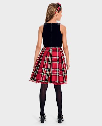 Girls Matching Family Plaid Velour Fit And Flare Dress