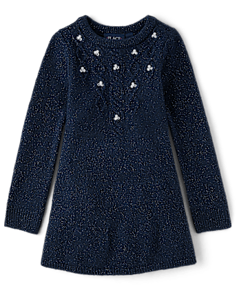Girls Cable Knit Rhinestone Sweater Dress