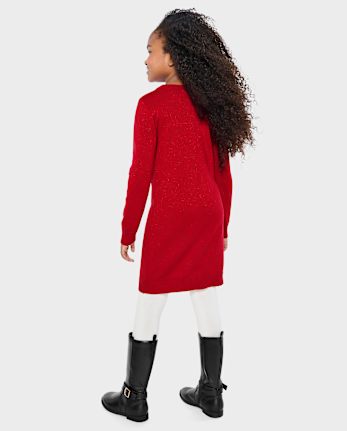 Girls Christmas Tutu Dress – Long Sleeve Red With Gold Stars, Knee-Length
