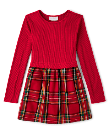 Girls Plaid Ribbed Fit And Flare Dress