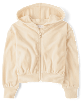 Fille Ribbed Velour Cropped Zip Up à capuchon