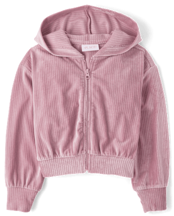 Girls Ribbed Velour Cropped Zip Up Hoodie