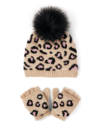 Girls Intarsia Leopard 2-Piece Cold Weather Set