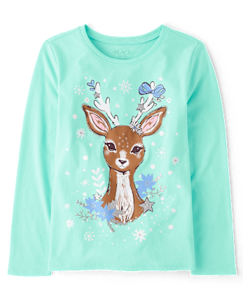 Girls Winter Deer Graphic Tee