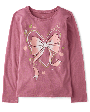 Girls Long Sleeve Heart Bow Graphic Tee - PINK | The