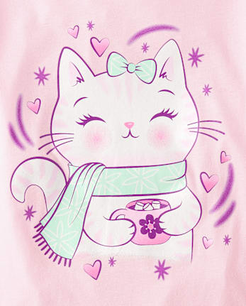 T-shirt graphique pour filles avec motif de chocolat chaud et chat