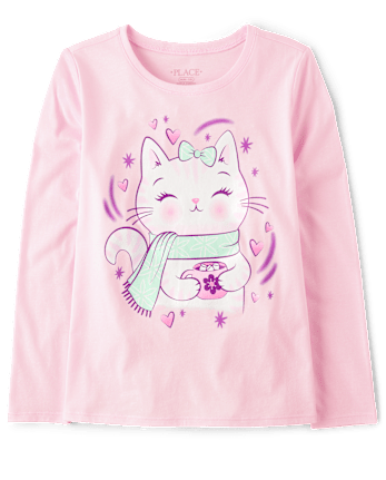 T-shirt graphique pour filles avec motif de chocolat chaud et chat