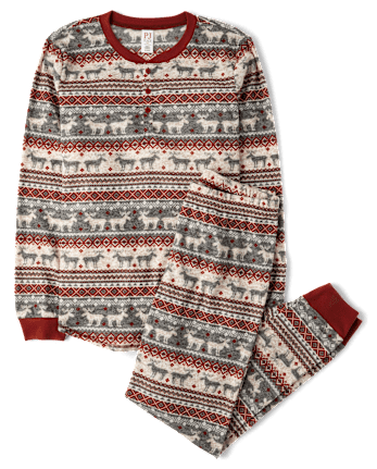 Mens Matching Family Moose Fairsle Thermal Henley Pajamas