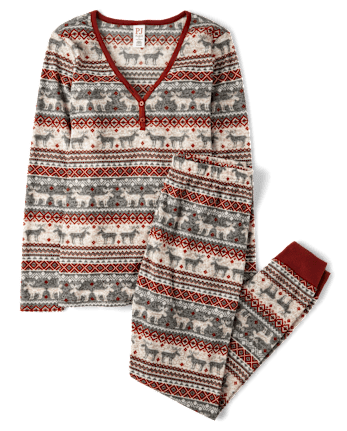 Womens Matching Family Moose Fairsle Thermal Henley Pajamas
