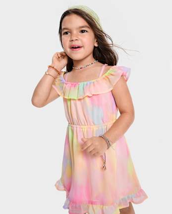 Toddler Girls Rainbow Tie Dye Off Shoulder Dress